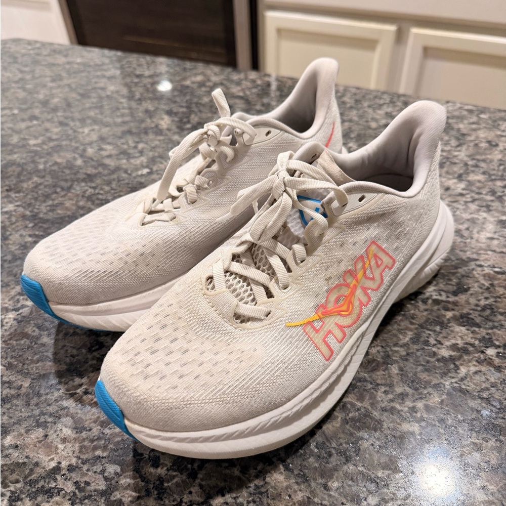 Hoka Cream and Blue Athletic Shoes